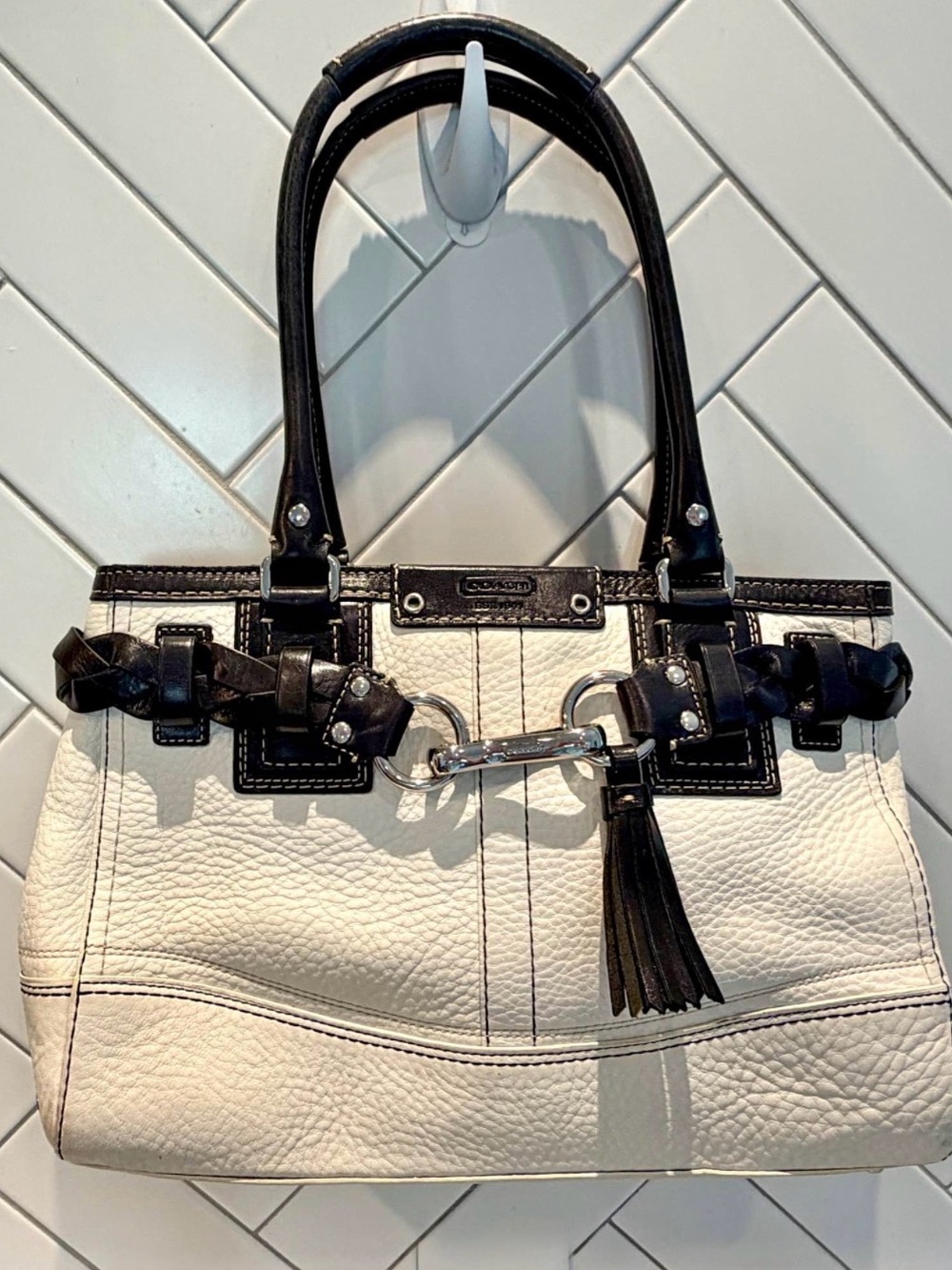 Coach Hampton Two-Tone Leather Satchel — White and Black Trim
